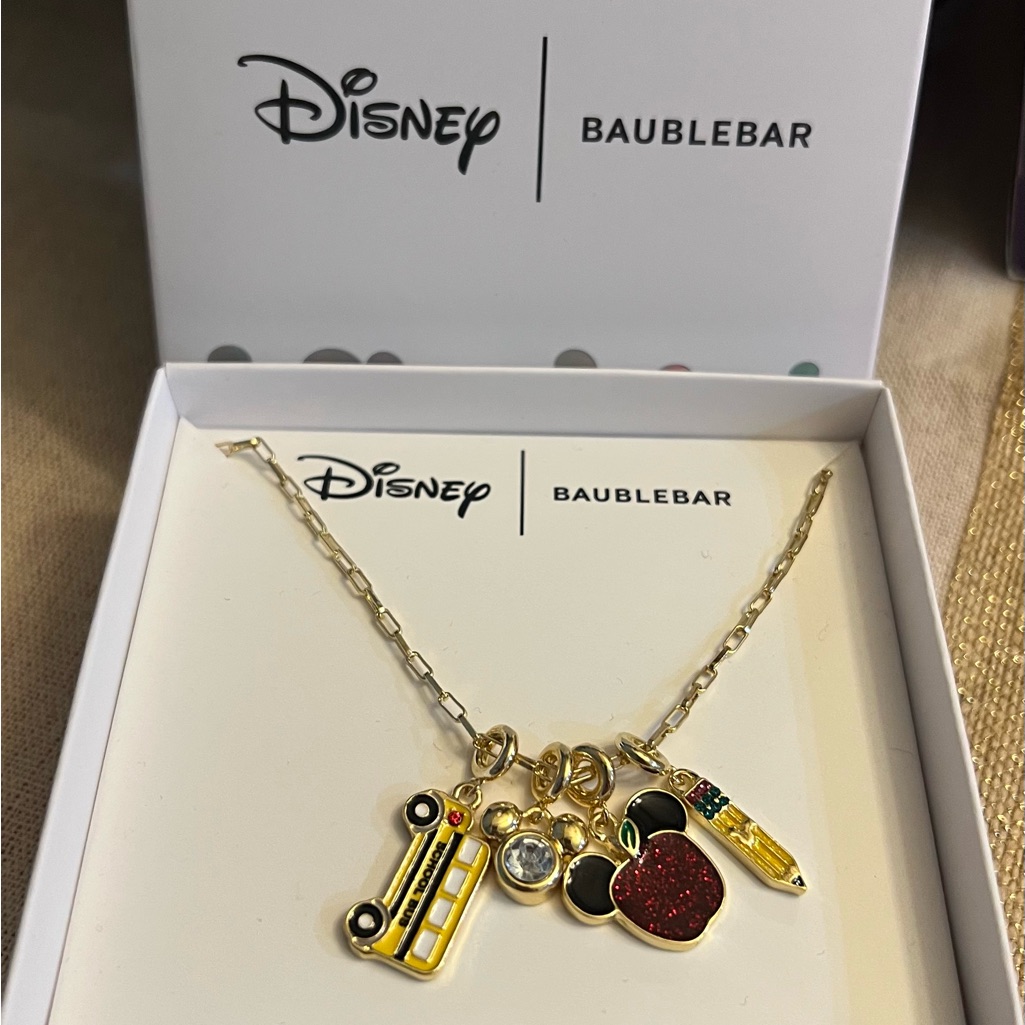 New Disney Baublebar School Mickey Mouse Charm Necklace Bus Pencil Gold Tone